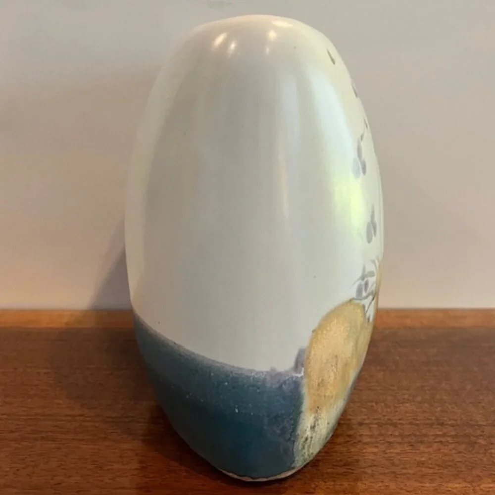Oval Flat Floral Pottery Vase Handmade Signed